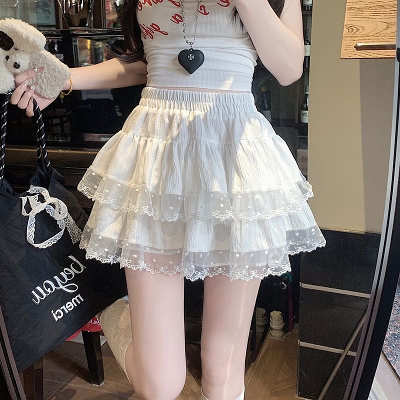 Elastic Waist Plain  Tiered Lace Trim Mini A-Line Skirt