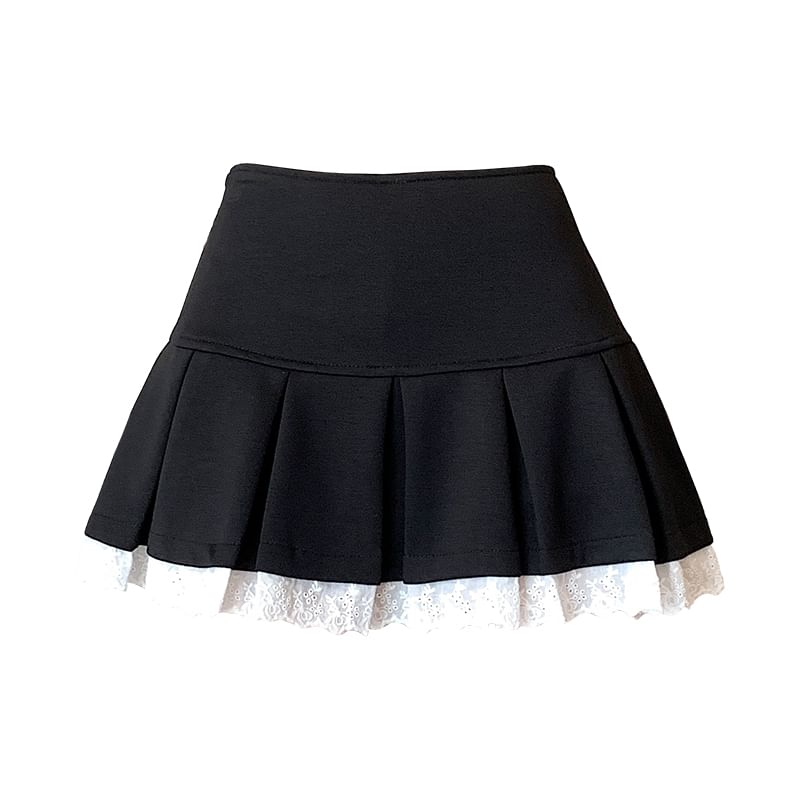 Waist Skort Lace Pleated Trim High