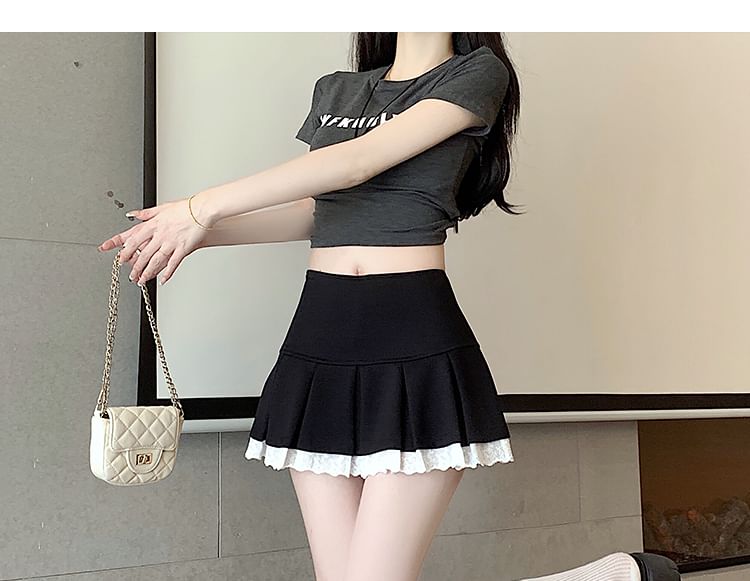 Waist Skort Lace Pleated Trim High