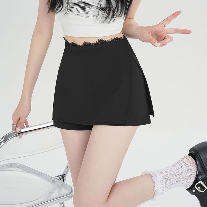 High Waist Slit Lace Trim Skort