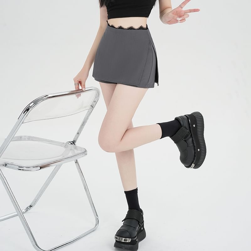 High Waist Slit Lace Trim Skort