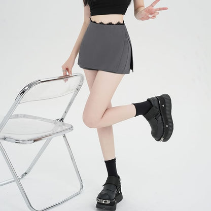 High Waist Slit Lace Trim Skort