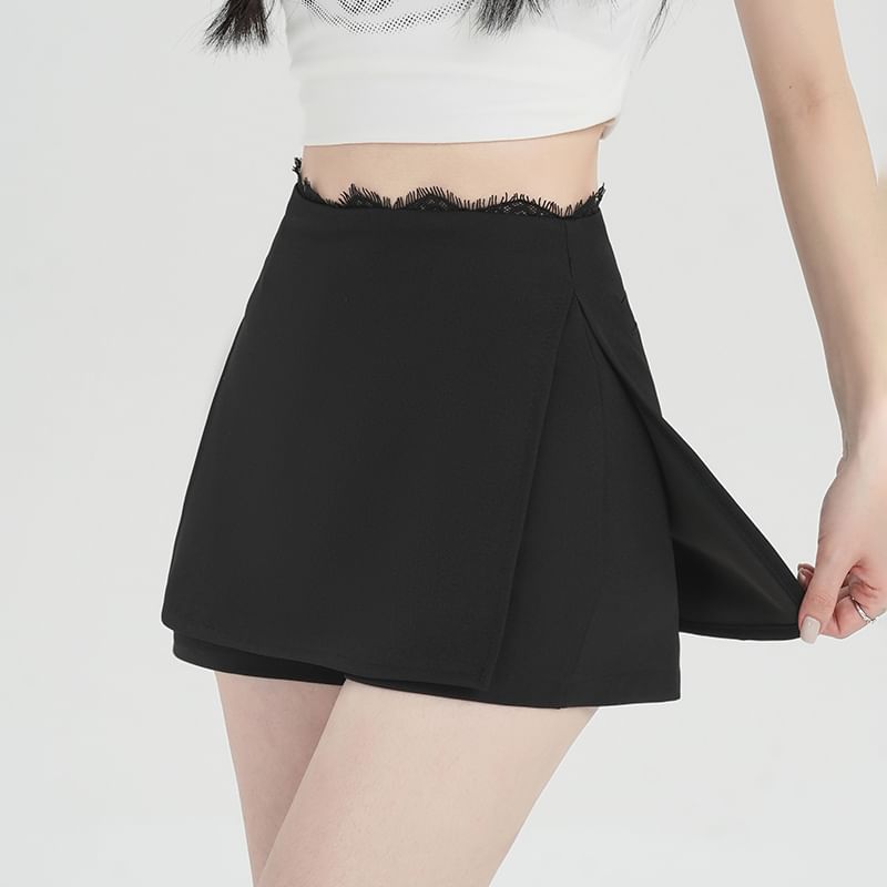 High Waist Slit Lace Trim Skort