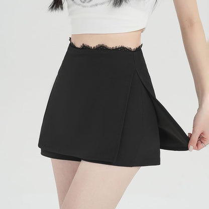 High Waist Slit Lace Trim Skort