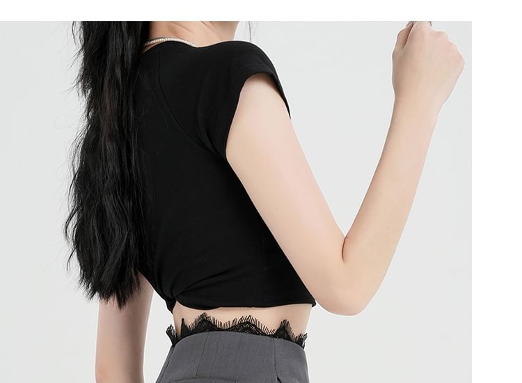 High Waist Slit Lace Trim Skort