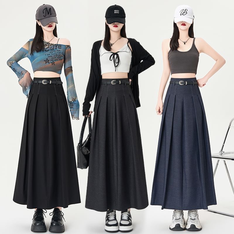 Waist Midi Skirt Denim Pleated A-Line High