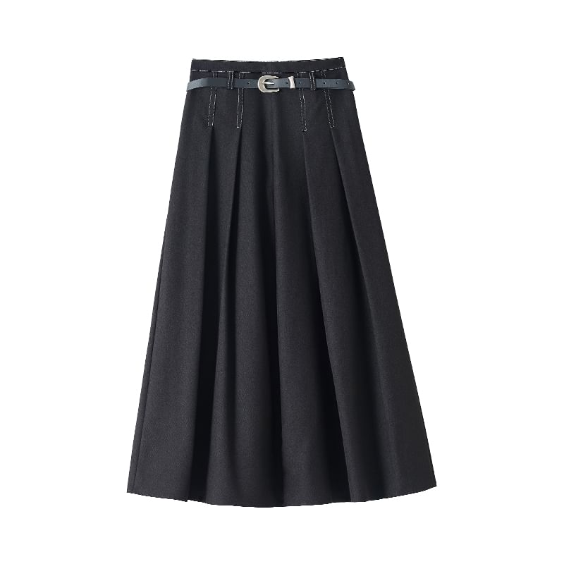 Waist Midi Skirt Denim Pleated A-Line High