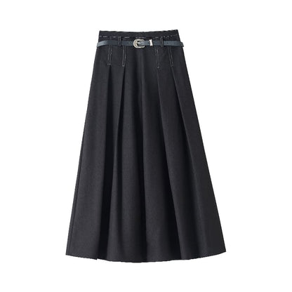 Waist Midi Skirt Denim Pleated A-Line High