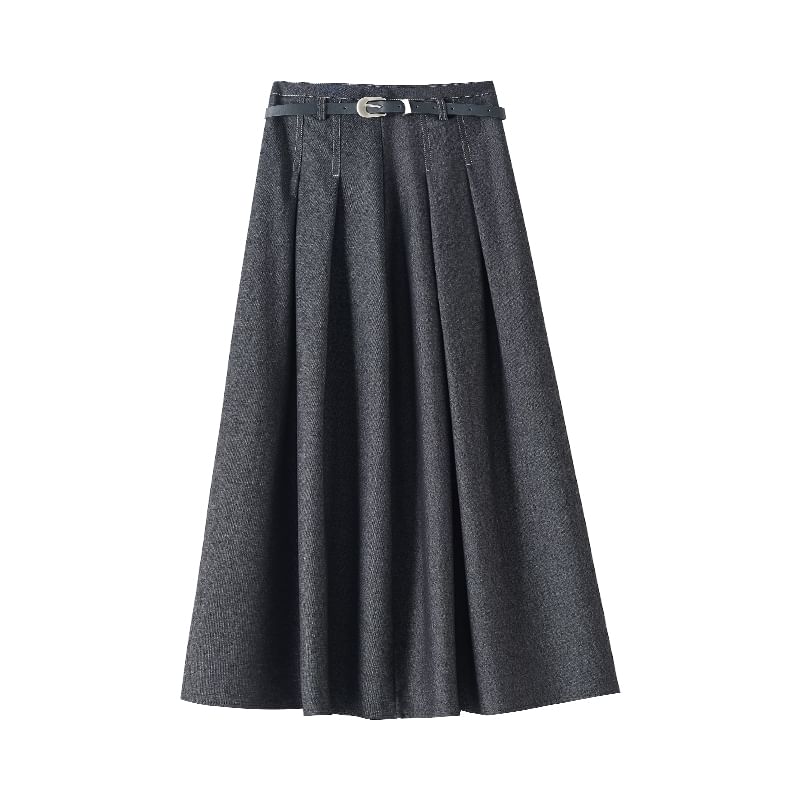 Waist Midi Skirt Denim Pleated A-Line High