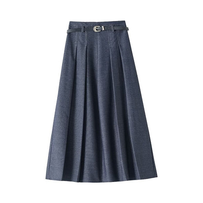 Waist Midi Skirt Denim Pleated A-Line High