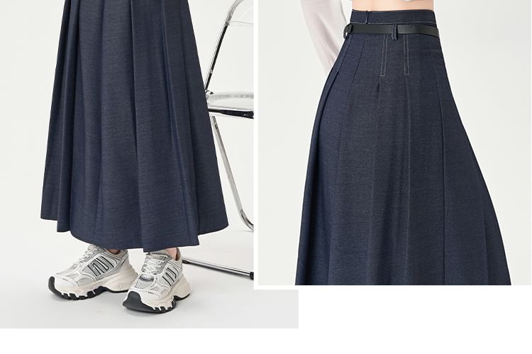 Waist Midi Skirt Denim Pleated A-Line High