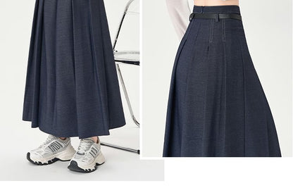 Waist Midi Skirt Denim Pleated A-Line High