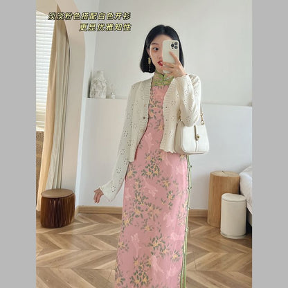 Short Sleeve Floral Rabbit Print Maxi Sheath Qipao
