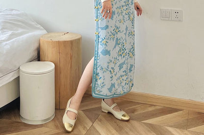 Short Sleeve Floral Rabbit Print Maxi Sheath Qipao