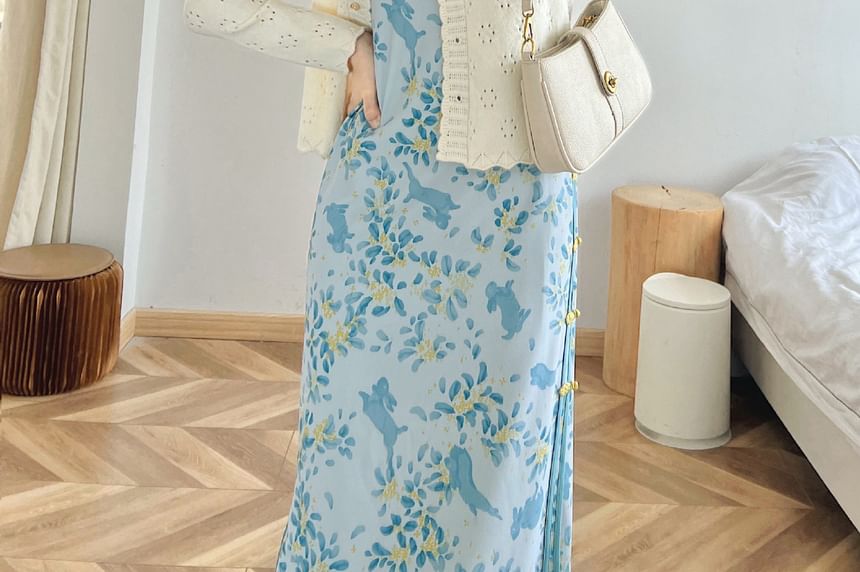 Short Sleeve Floral Rabbit Print Maxi Sheath Qipao