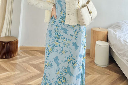 Short Sleeve Floral Rabbit Print Maxi Sheath Qipao