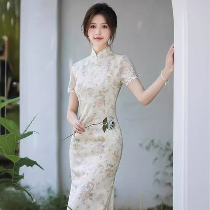 Short Sleeve Floral Print Midi Sheath Qipao