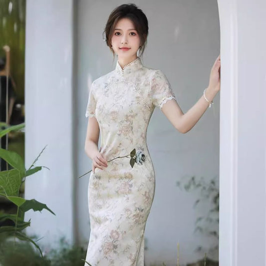 Short Sleeve Floral Print Midi Sheath Qipao