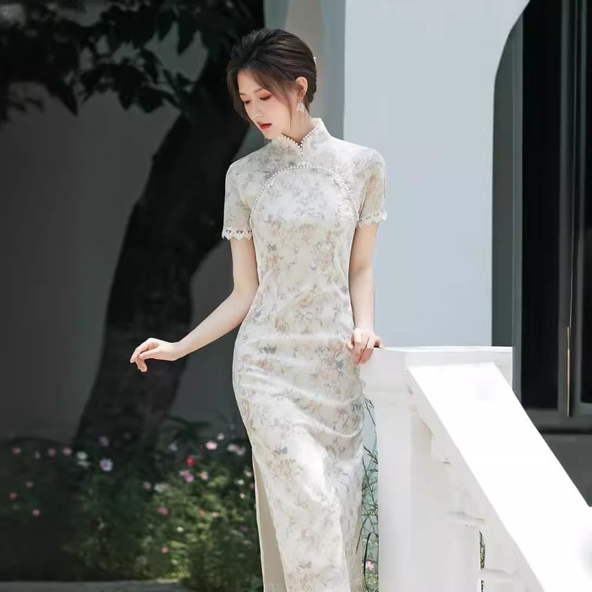 Short Sleeve Floral Print Midi Sheath Qipao