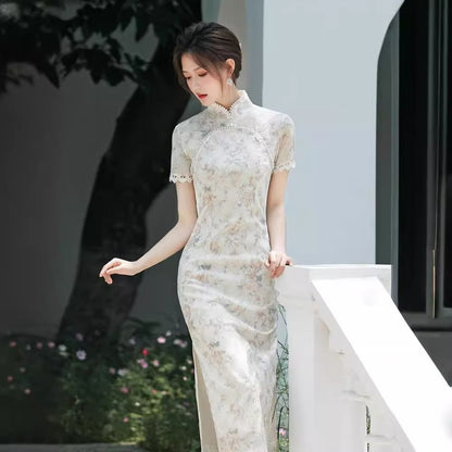 Short Sleeve Floral Print Midi Sheath Qipao