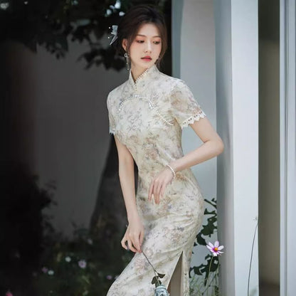 Short Sleeve Floral Print Midi Sheath Qipao