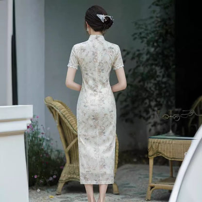 Short Sleeve Floral Print Midi Sheath Qipao