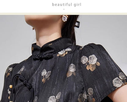 Short Sleeve Floral Print Mini A-Line Qipao