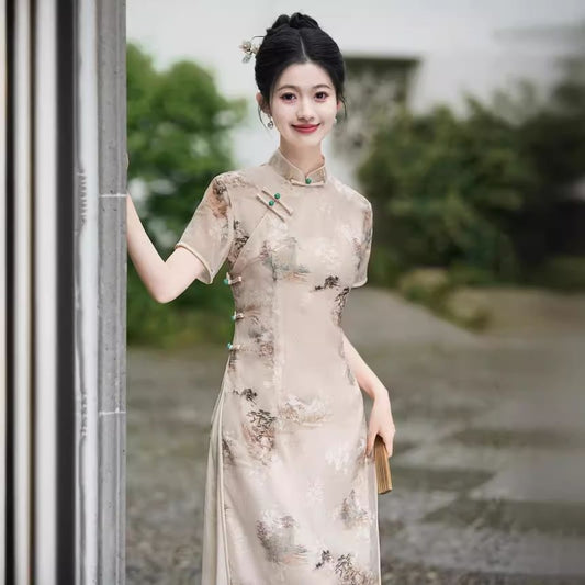 Short Sleeve Floral Print Panel Maxi A-Line Qipao