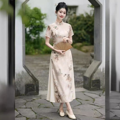 Short Sleeve Floral Print Panel Maxi A-Line Qipao