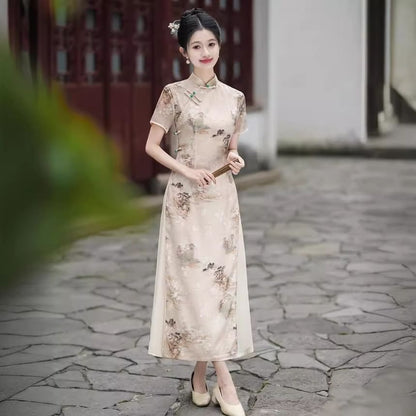 Short Sleeve Floral Print Panel Maxi A-Line Qipao