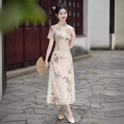 Short Sleeve Floral Print Panel Maxi A-Line Qipao