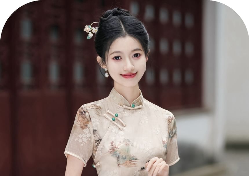 Short Sleeve Floral Print Panel Maxi A-Line Qipao