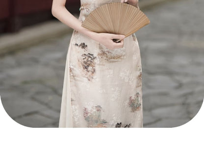 Short Sleeve Floral Print Panel Maxi A-Line Qipao