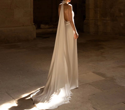 Halter V-Neck Plunge Plain Trained Open Back Satin A-Line Wedding Gown