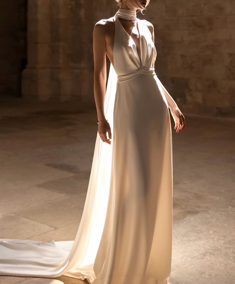 Halter V-Neck Plunge Plain Trained Open Back Satin A-Line Wedding Gown