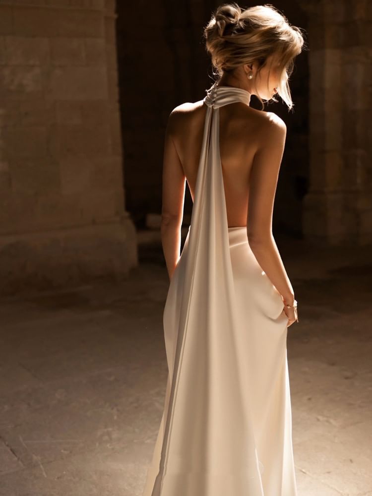 Halter V-Neck Plunge Plain Trained Open Back Satin A-Line Wedding Gown