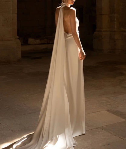 Halter V-Neck Plunge Plain Trained Open Back Satin A-Line Wedding Gown