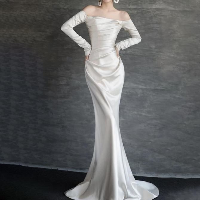 Long-Sleeve Off-Shoulder Plain Ruched Satin Mermaid Wedding Gown