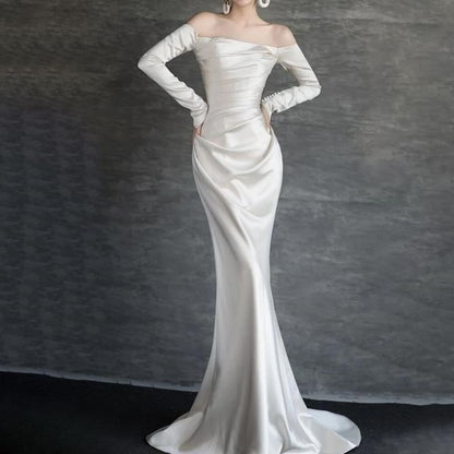 Long-Sleeve Off-Shoulder Plain Ruched Satin Mermaid Wedding Gown