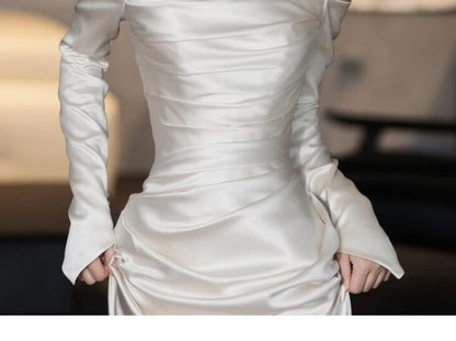 Long-Sleeve Off-Shoulder Plain Ruched Satin Mermaid Wedding Gown