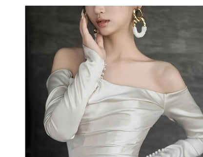 Long-Sleeve Off-Shoulder Plain Ruched Satin Mermaid Wedding Gown