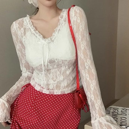 Long Sleeve V-Neck Floral Lace See-Through Crop Top