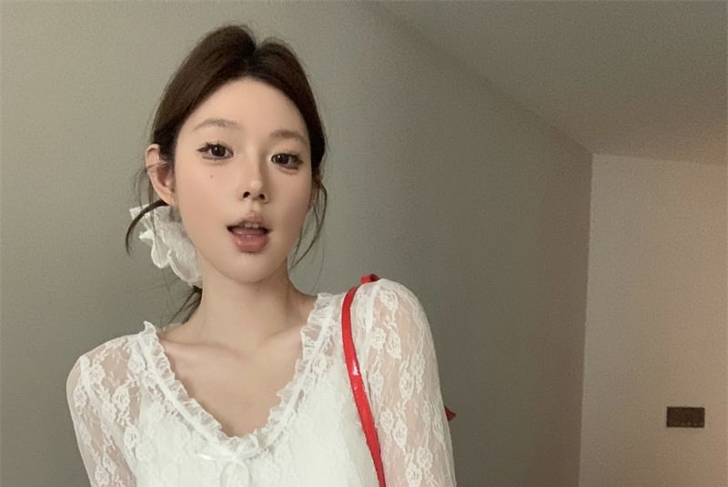 Long Sleeve V-Neck Floral Lace See-Through Crop Top