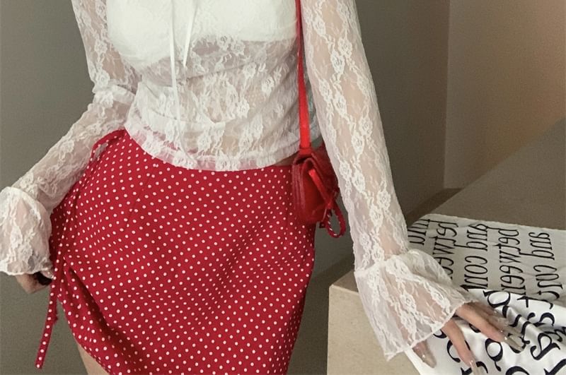 Long Sleeve V-Neck Floral Lace See-Through Crop Top