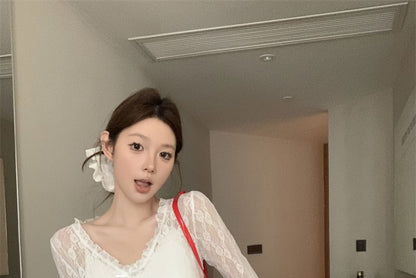 Long Sleeve V-Neck Floral Lace See-Through Crop Top