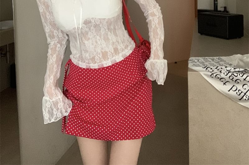 Long Sleeve V-Neck Floral Lace See-Through Crop Top