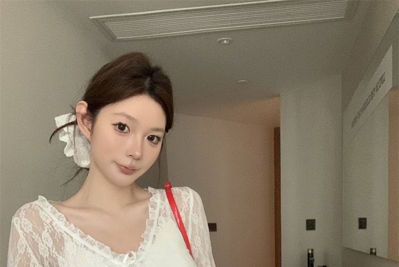 Long Sleeve V-Neck Floral Lace See-Through Crop Top