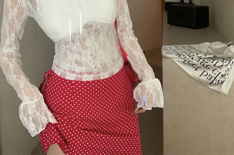 Long Sleeve V-Neck Floral Lace See-Through Crop Top