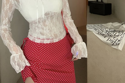 Long Sleeve V-Neck Floral Lace See-Through Crop Top