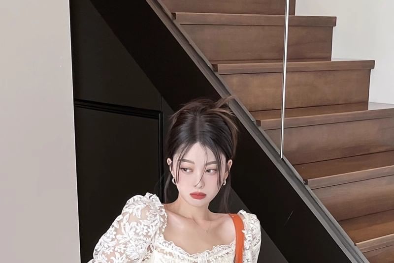 Short-Sleeve Off-The-Shoulder Lace Ruffle Trim Crop Top